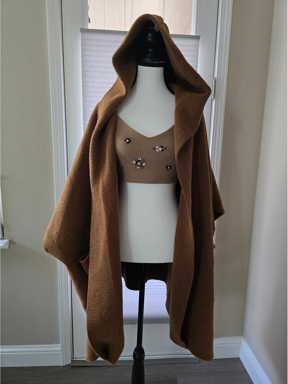 Women's Brown Free People Hooded Polyester Blend Poncho Cape W/Pockets Boho-chic